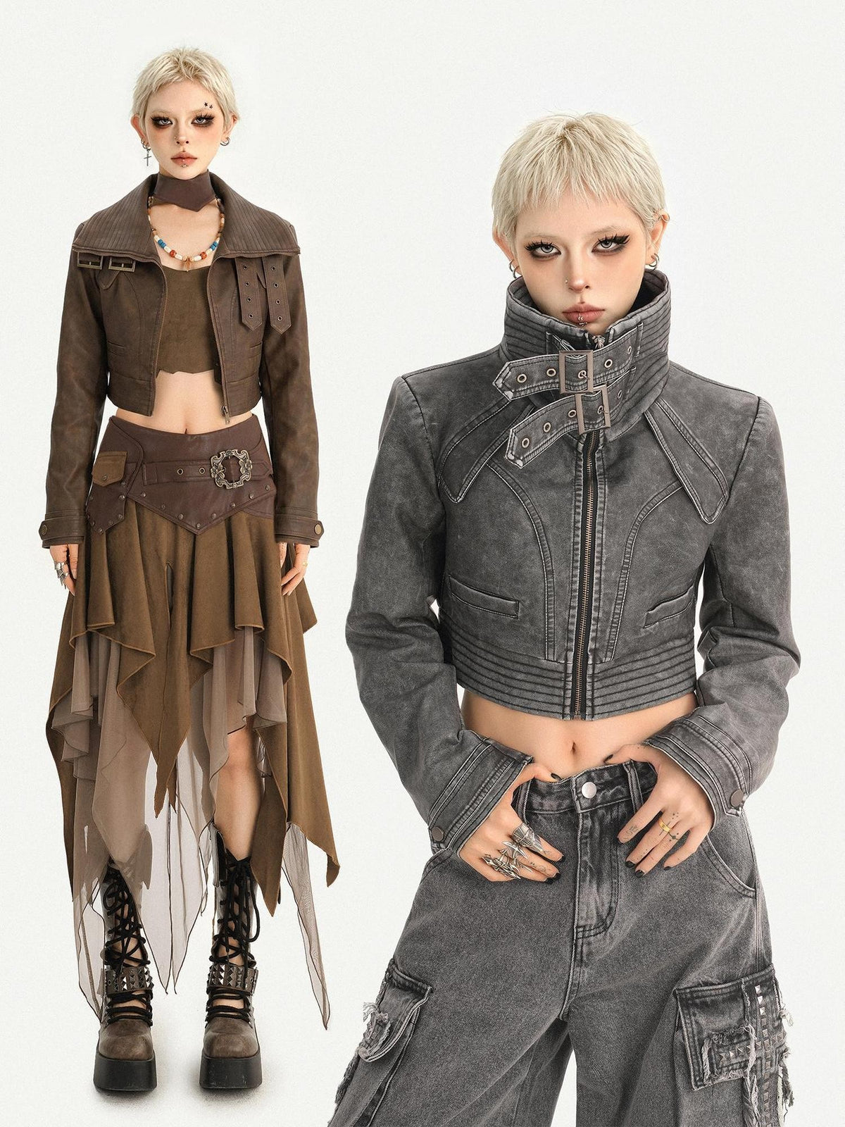 Nico Molly Vintage Washed Stand Collar Zipper Short Slim Women&