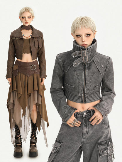 Nico Molly Vintage Washed Stand Collar Zipper Short Slim Women&