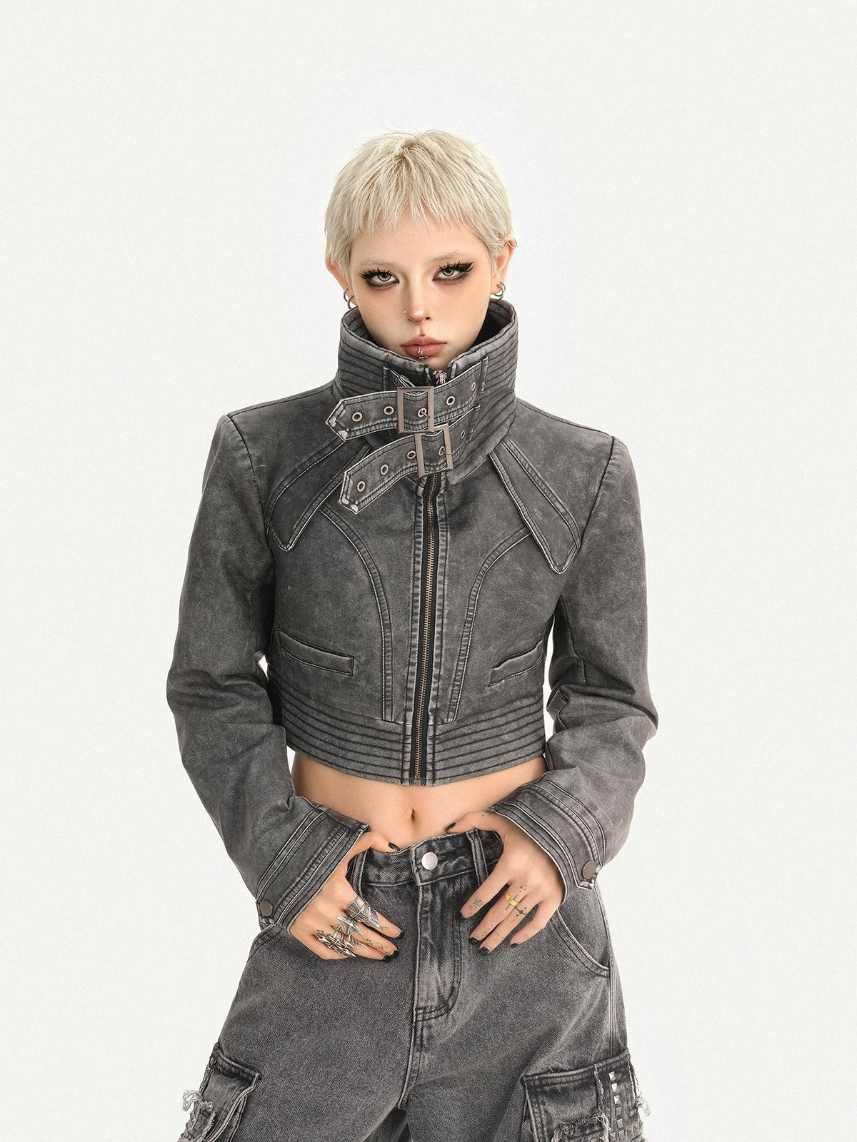 Nico Molly Vintage Washed Stand Collar Zipper Short Slim Women&