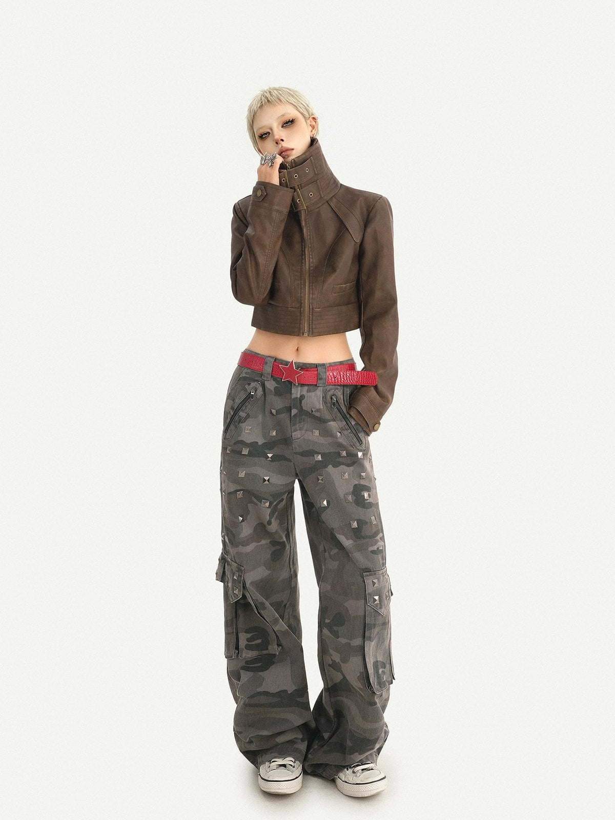 Nico Molly Vintage Washed Stand Collar Zipper Short Slim Women&
