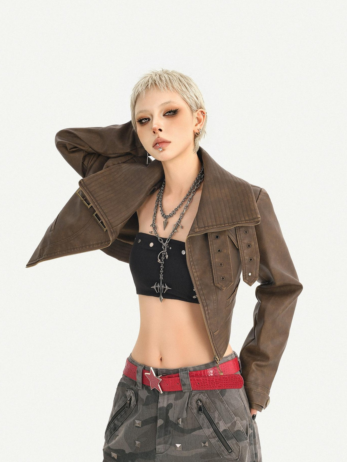 Nico Molly Vintage Washed Stand Collar Zipper Short Slim Women&