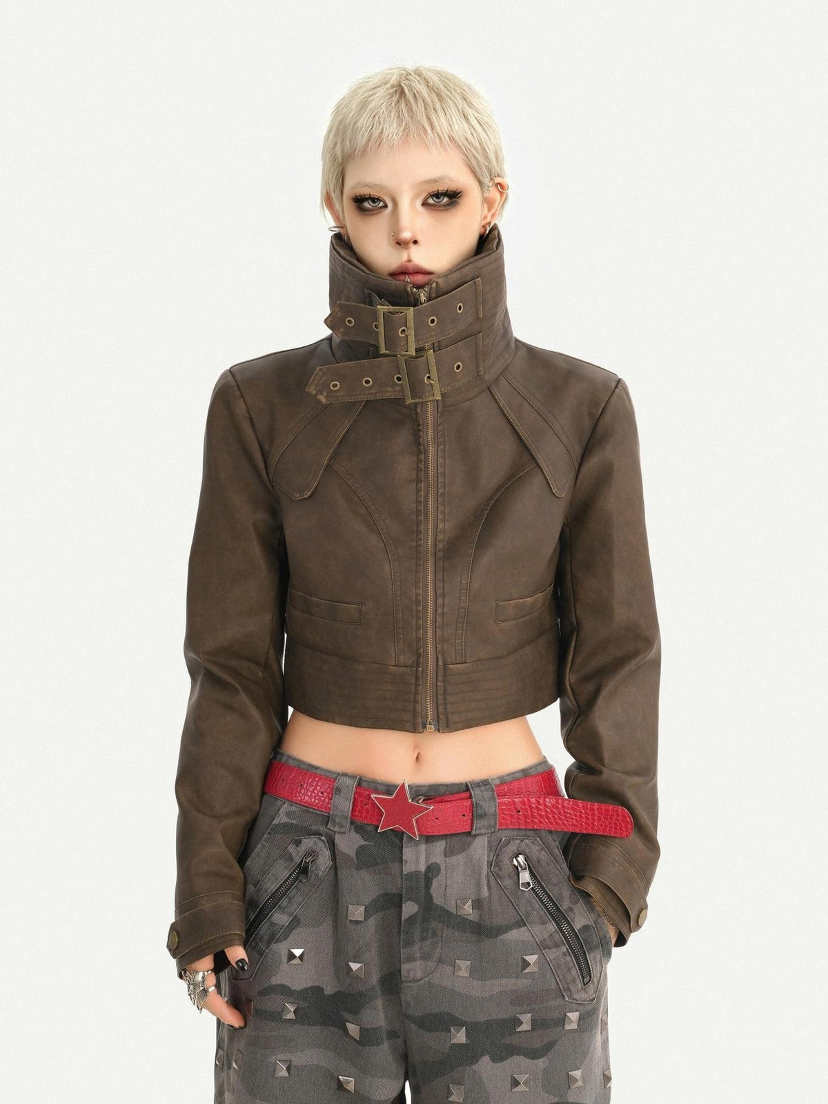 Nico Molly Vintage Washed Stand Collar Zipper Short Slim Women&