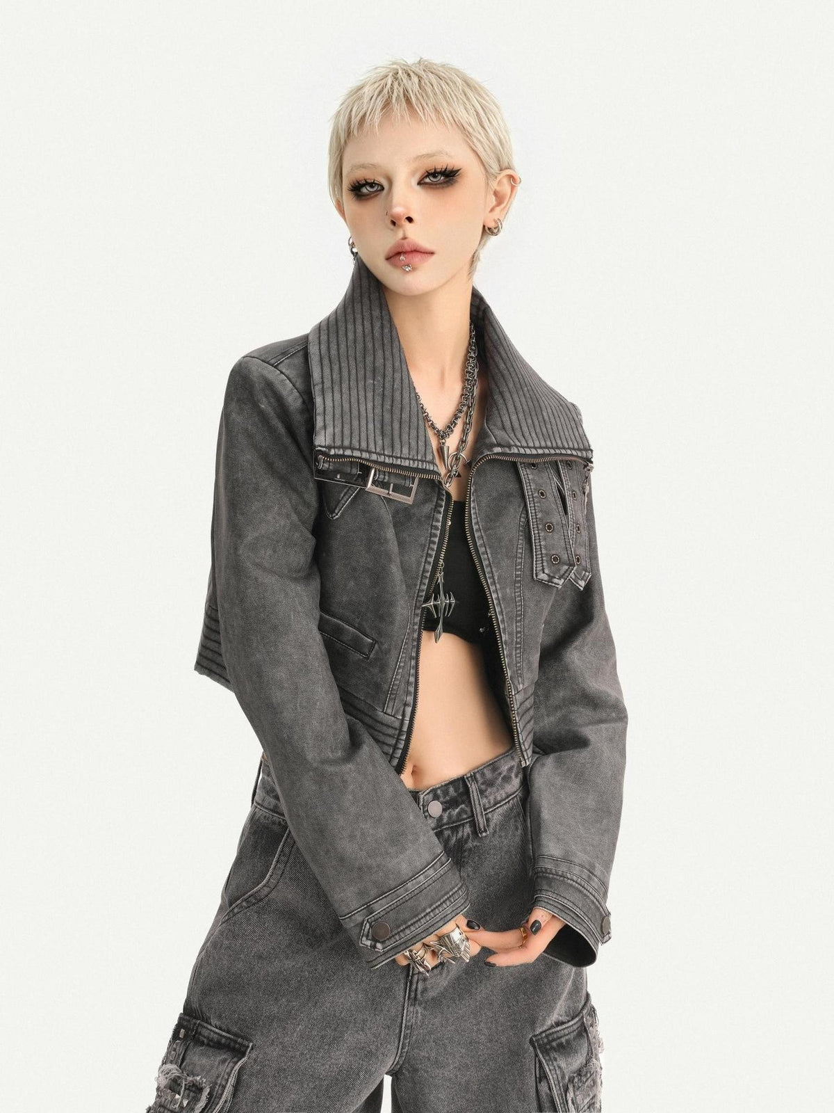 Nico Molly Vintage Washed Stand Collar Zipper Short Slim Women&