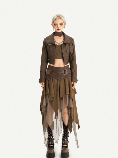Nico Molly Vintage Washed Stand Collar Zipper Short Slim Women&