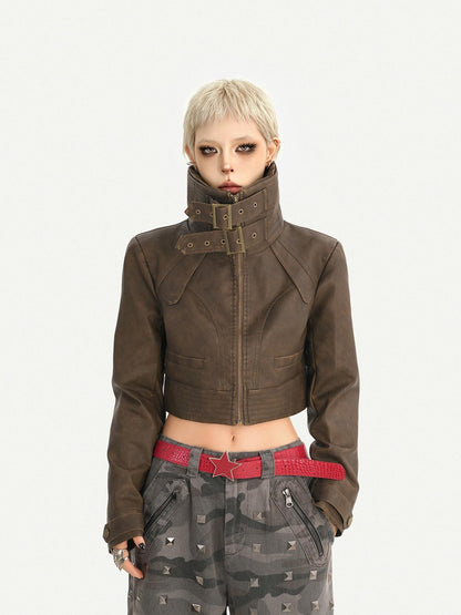 Nico Molly Vintage Washed Stand Collar Zipper Short Slim Women&
