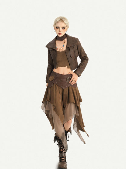 Nico Molly Vintage Washed Stand Collar Zipper Short Slim Women&