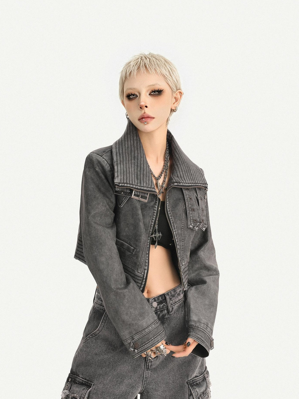 Nico Molly Vintage Washed Stand Collar Zipper Short Slim Women&
