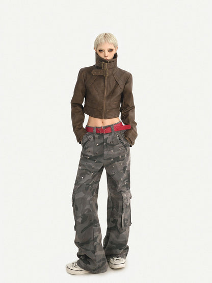 Nico Molly Vintage Washed Stand Collar Zipper Short Slim Women&
