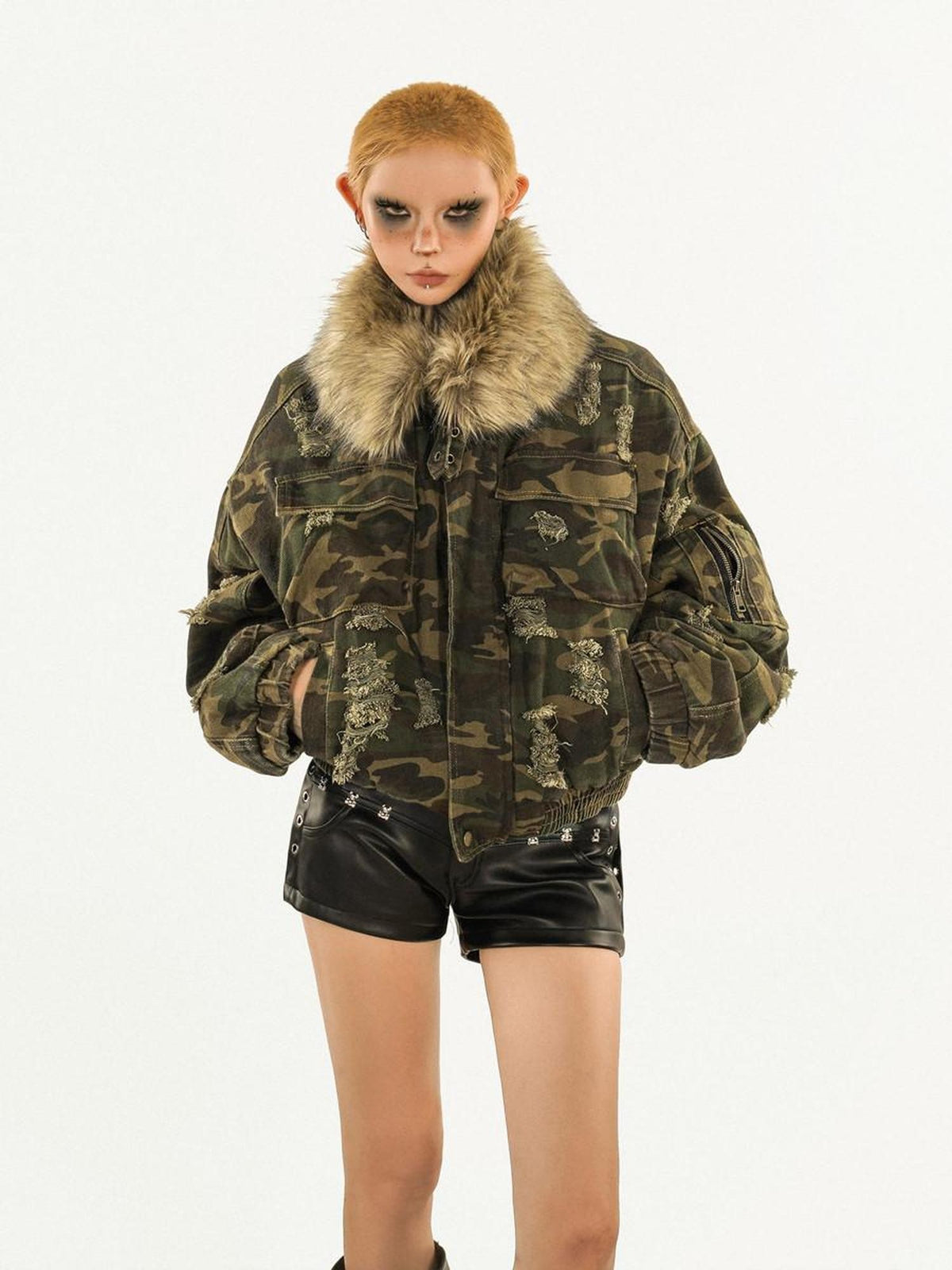 Nico Molly Washed Camo Distressed Detachable Fur Collar Women&