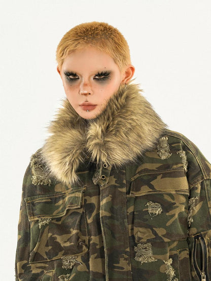 Nico Molly Washed Camo Distressed Detachable Fur Collar Women&