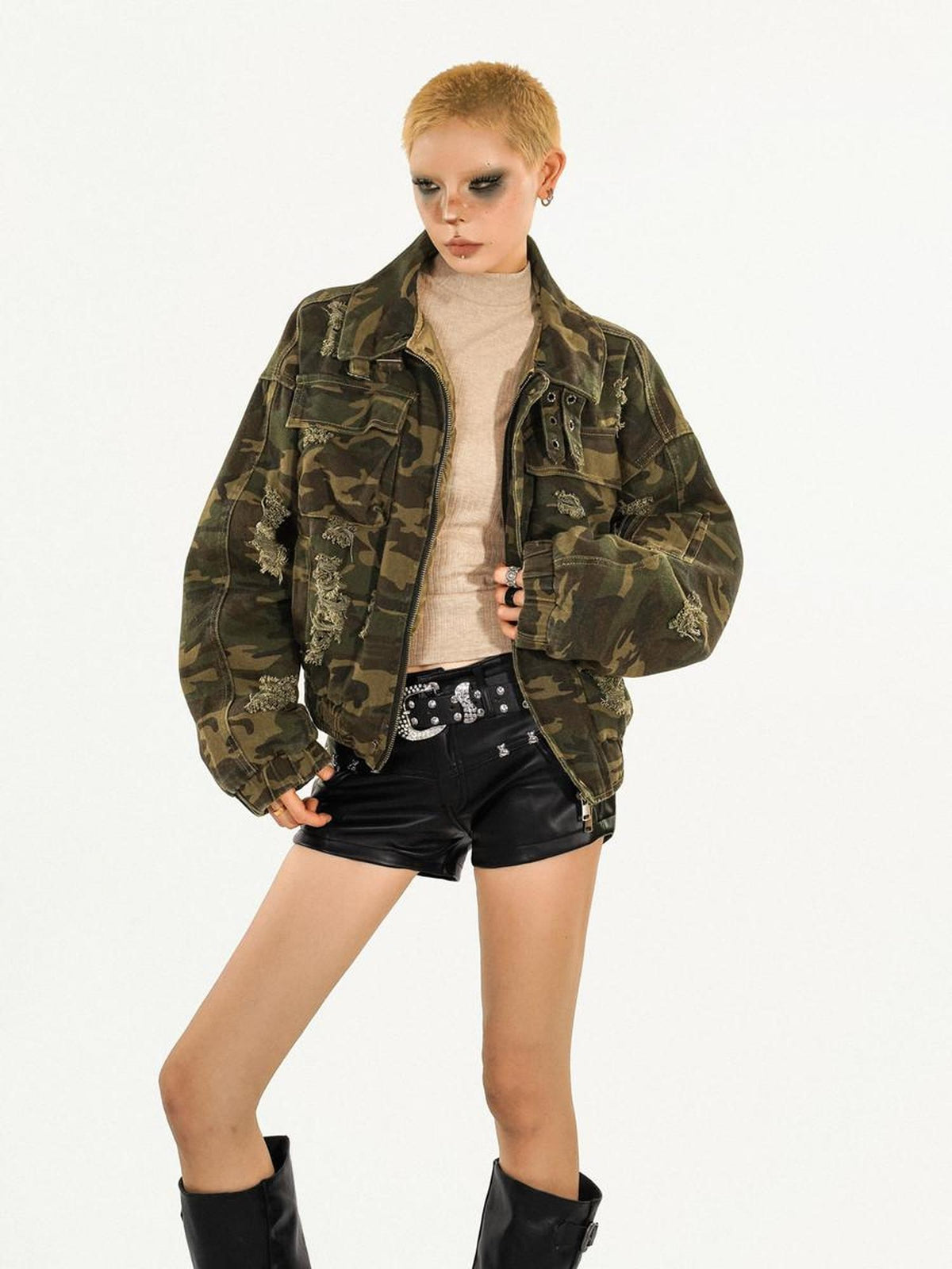 Nico Molly Washed Camo Distressed Detachable Fur Collar Women&