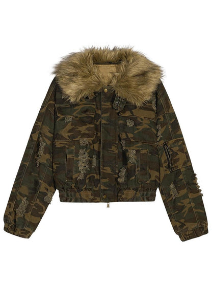 Nico Molly Washed Camo Distressed Detachable Fur Collar Women&