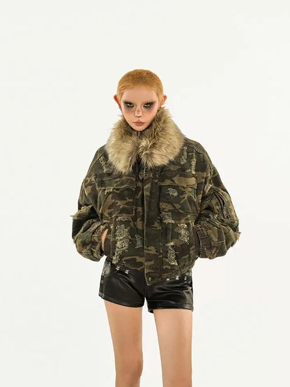 Nico Molly Washed Camo Distressed Detachable Fur Collar Women&
