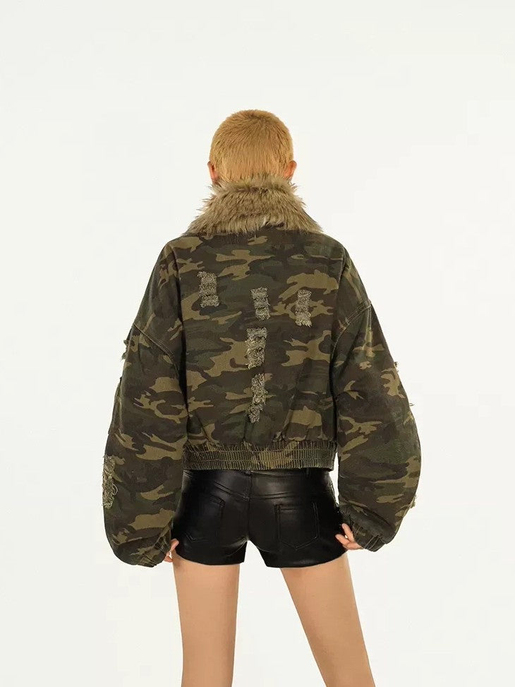 Nico Molly Washed Camo Distressed Detachable Fur Collar Women&