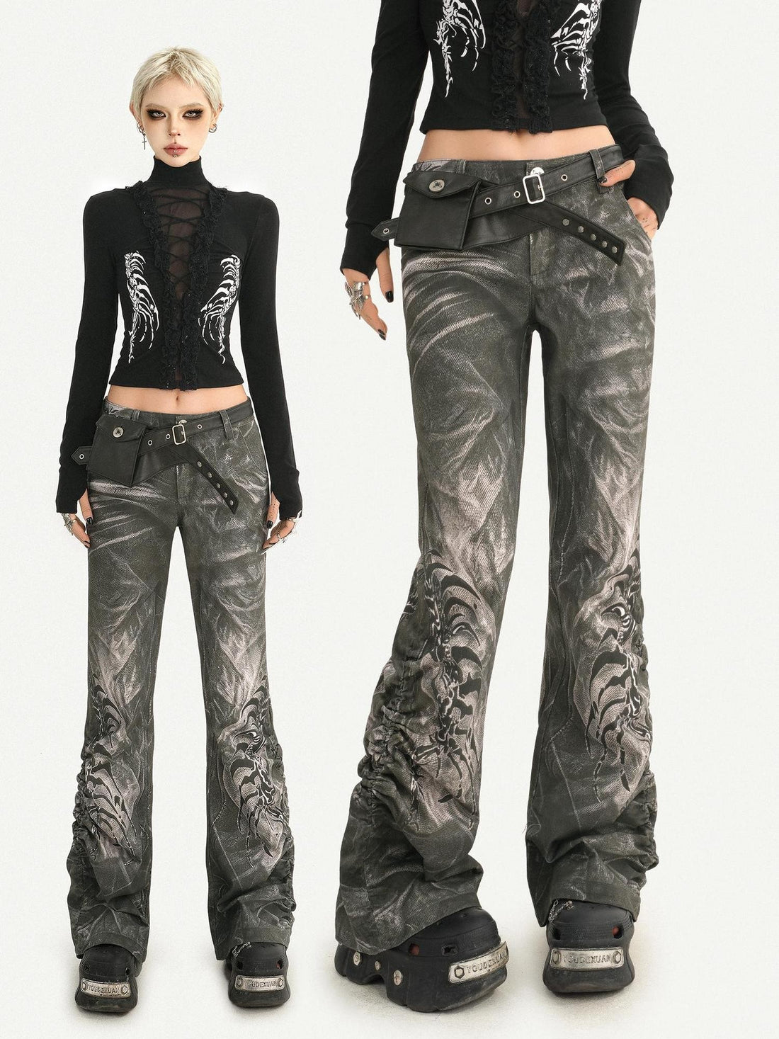 Nico Molly Washed Distressed Printed Pleated Low Rise Punk Women&