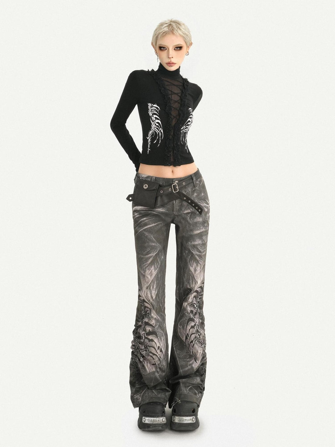 Nico Molly Washed Distressed Printed Pleated Low Rise Punk Women&