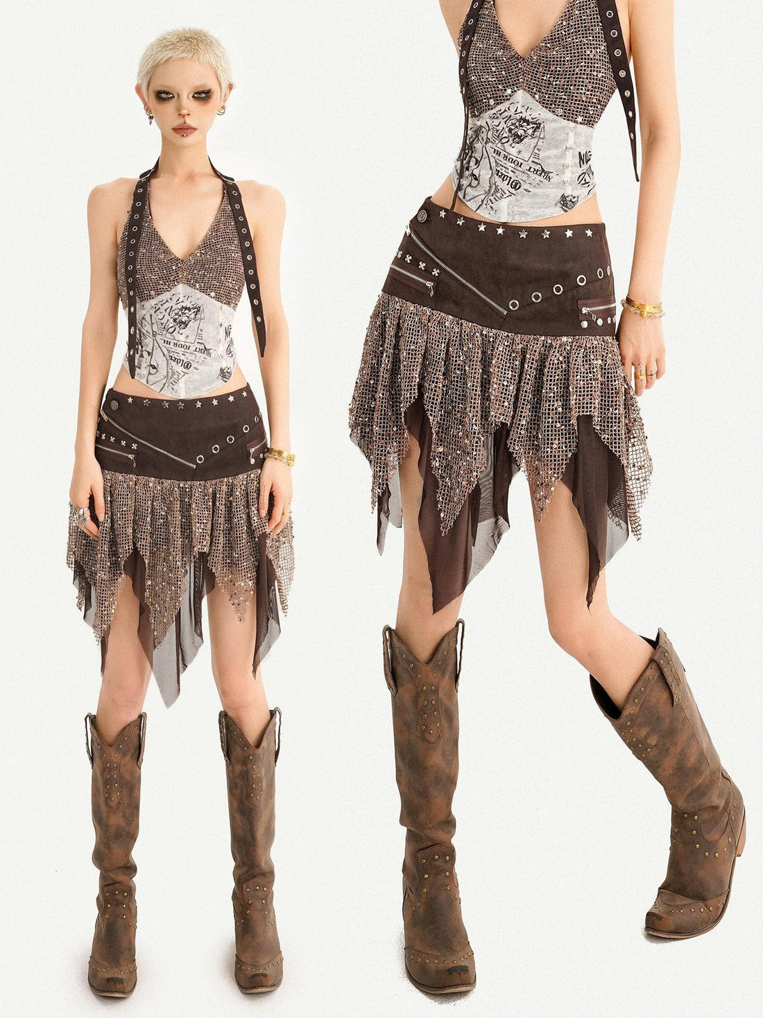 Nico Molly Western Cowboy Asymmetric Distressed Low Waist Women&