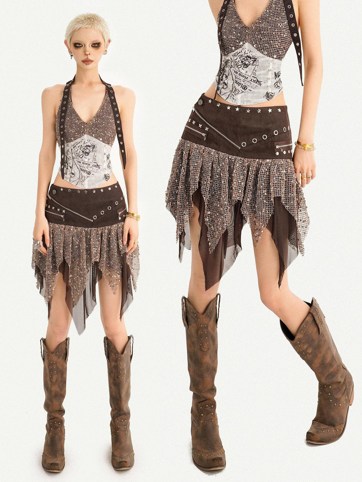 Nico Molly Western Cowboy Asymmetric Distressed Low Waist Women&