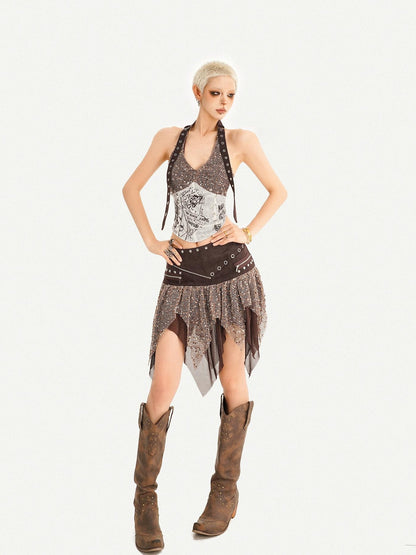 Nico Molly Western Cowboy Asymmetric Distressed Low Waist Women&