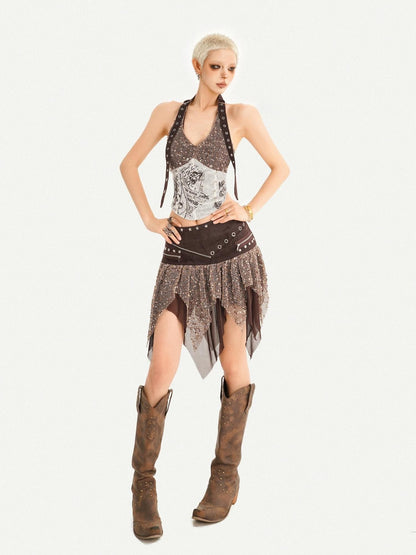 Nico Molly Western Cowboy Asymmetric Distressed Low Waist Women&