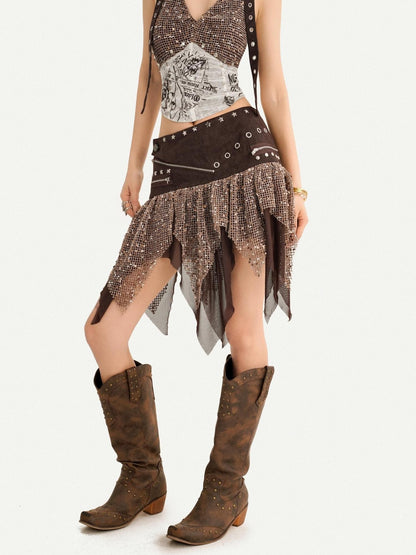 Nico Molly Western Cowboy Asymmetric Distressed Low Waist Women&