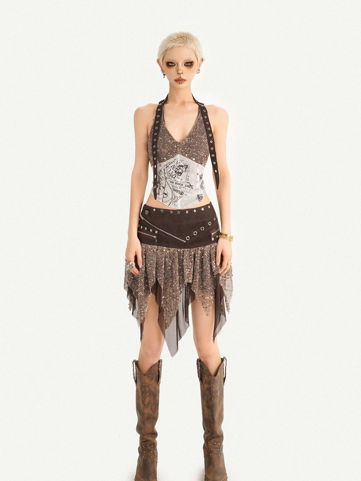 Nico Molly Western Cowboy Asymmetric Distressed Low Waist Women&