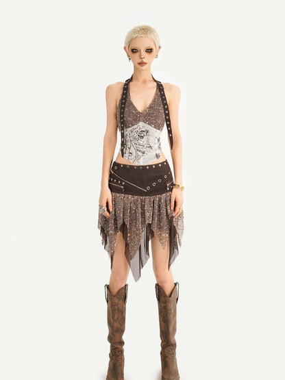 Nico Molly Western Cowboy Asymmetric Distressed Low Waist Women&