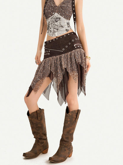 Nico Molly Western Cowboy Asymmetric Distressed Low Waist Women&