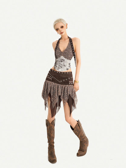 Nico Molly Western Cowboy Asymmetric Distressed Low Waist Women&