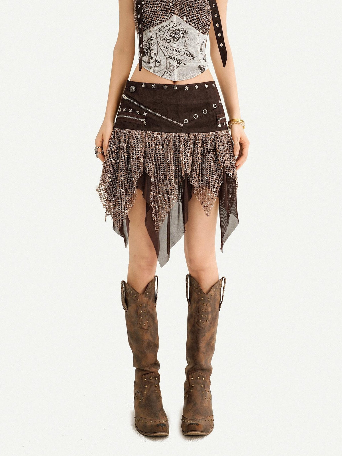 Nico Molly Western Cowboy Asymmetric Distressed Low Waist Women&