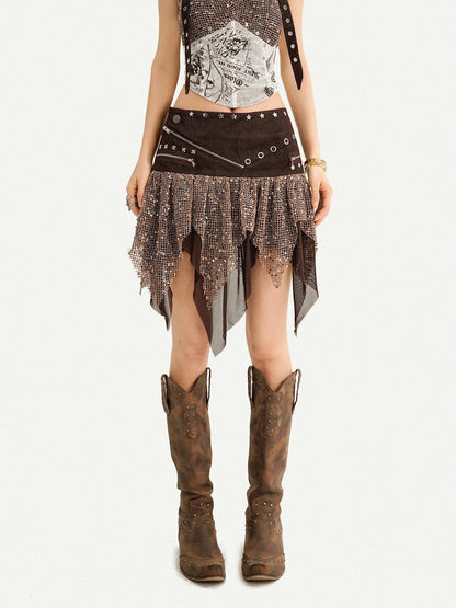 Nico Molly Western Cowboy Asymmetric Distressed Low Waist Women&
