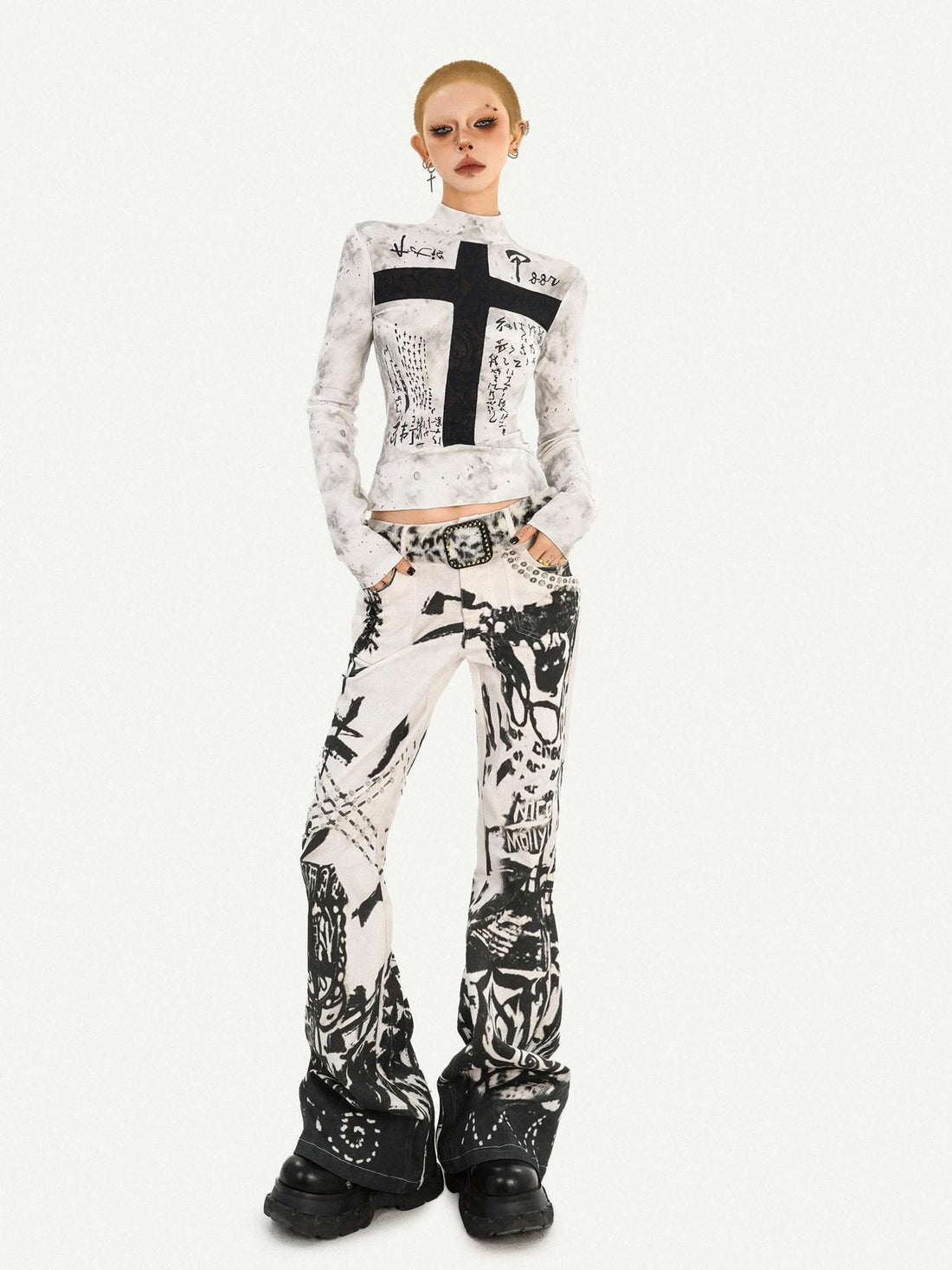 Nico Molly White Gothic Cross Print Punk Slim Fit Women&