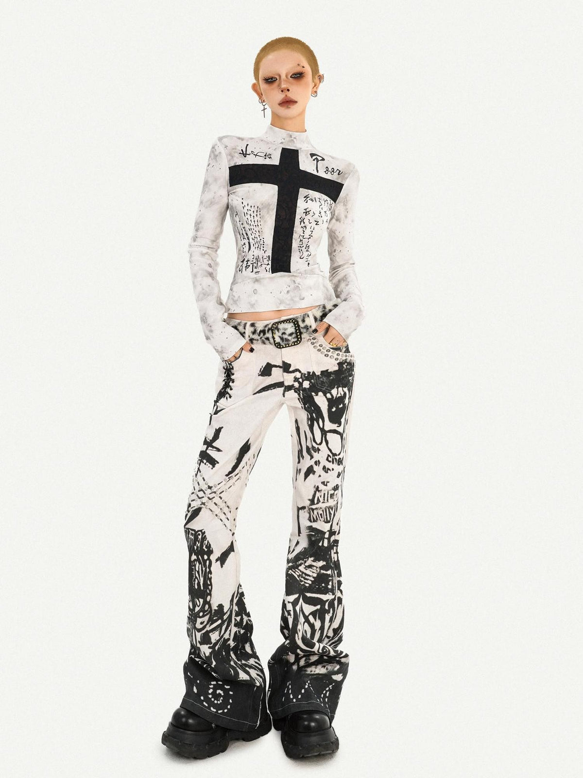 Nico Molly White Gothic Cross Print Punk Slim Fit Women&