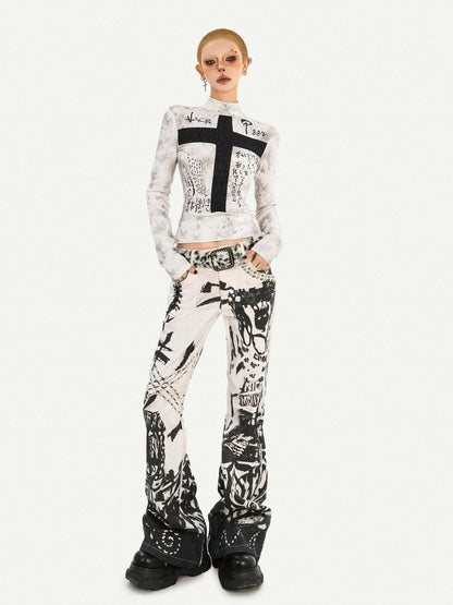 Nico Molly White Gothic Cross Print Punk Slim Fit Women&