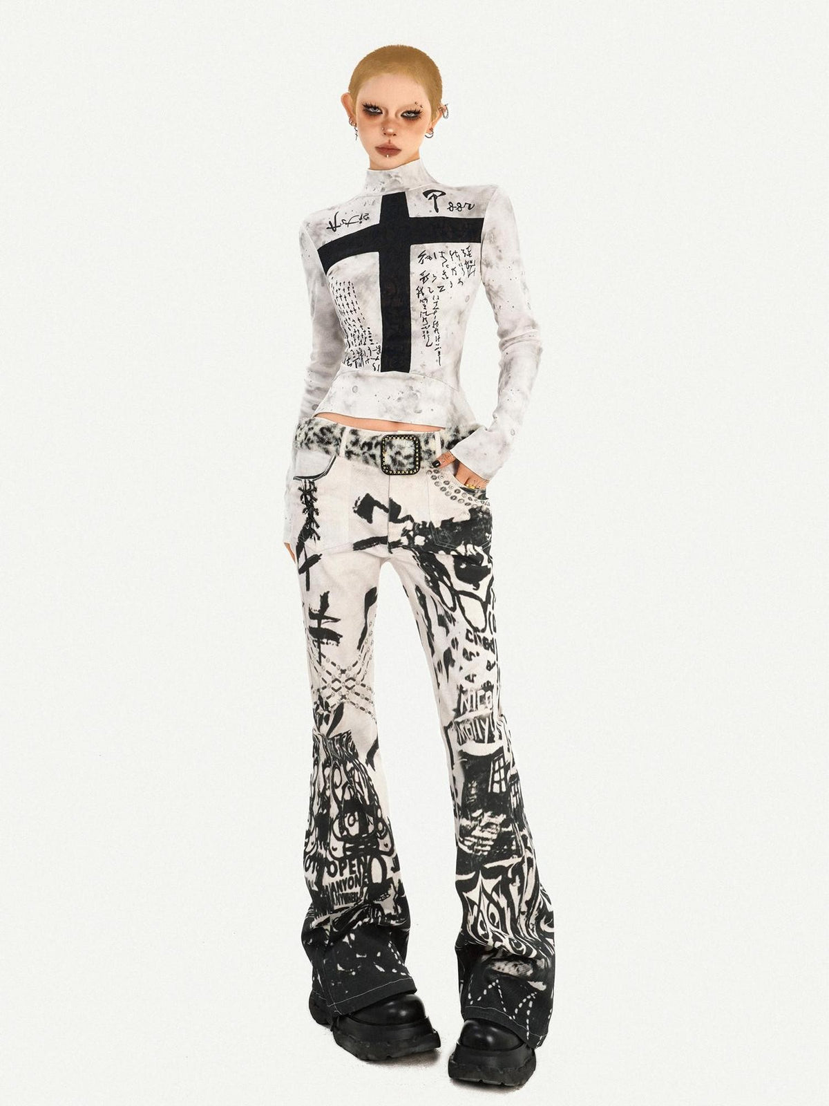 Nico Molly White Gothic Cross Print Punk Slim Fit Women&