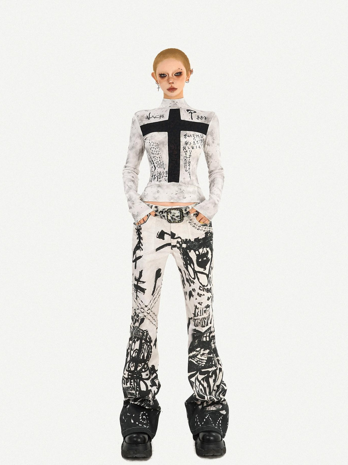 Nico Molly White Gothic Cross Print Punk Slim Fit Women&