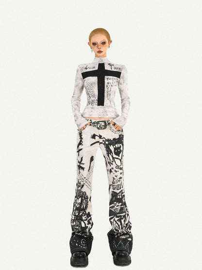 Nico Molly White Gothic Cross Print Punk Slim Fit Women&