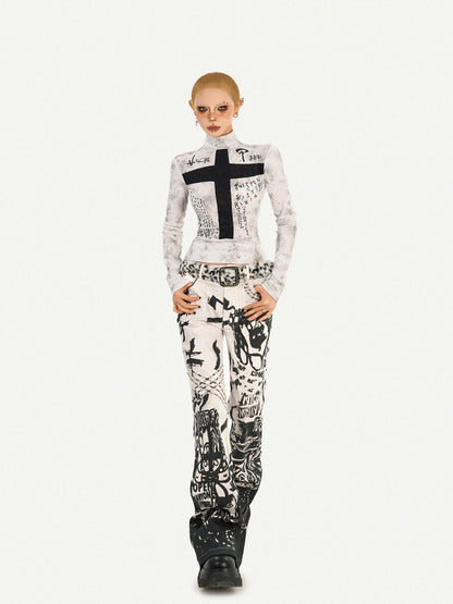 Nico Molly White Gothic Cross Print Punk Slim Fit Women&