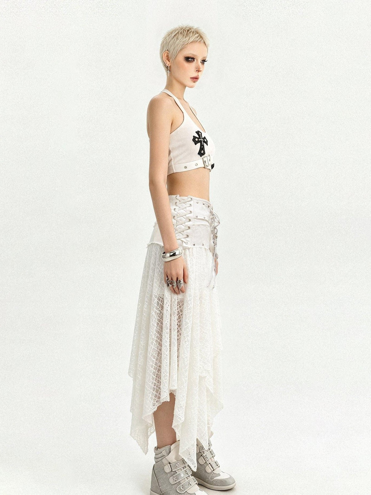 Nico Molly White Irregular Layered Lace A Line Women&