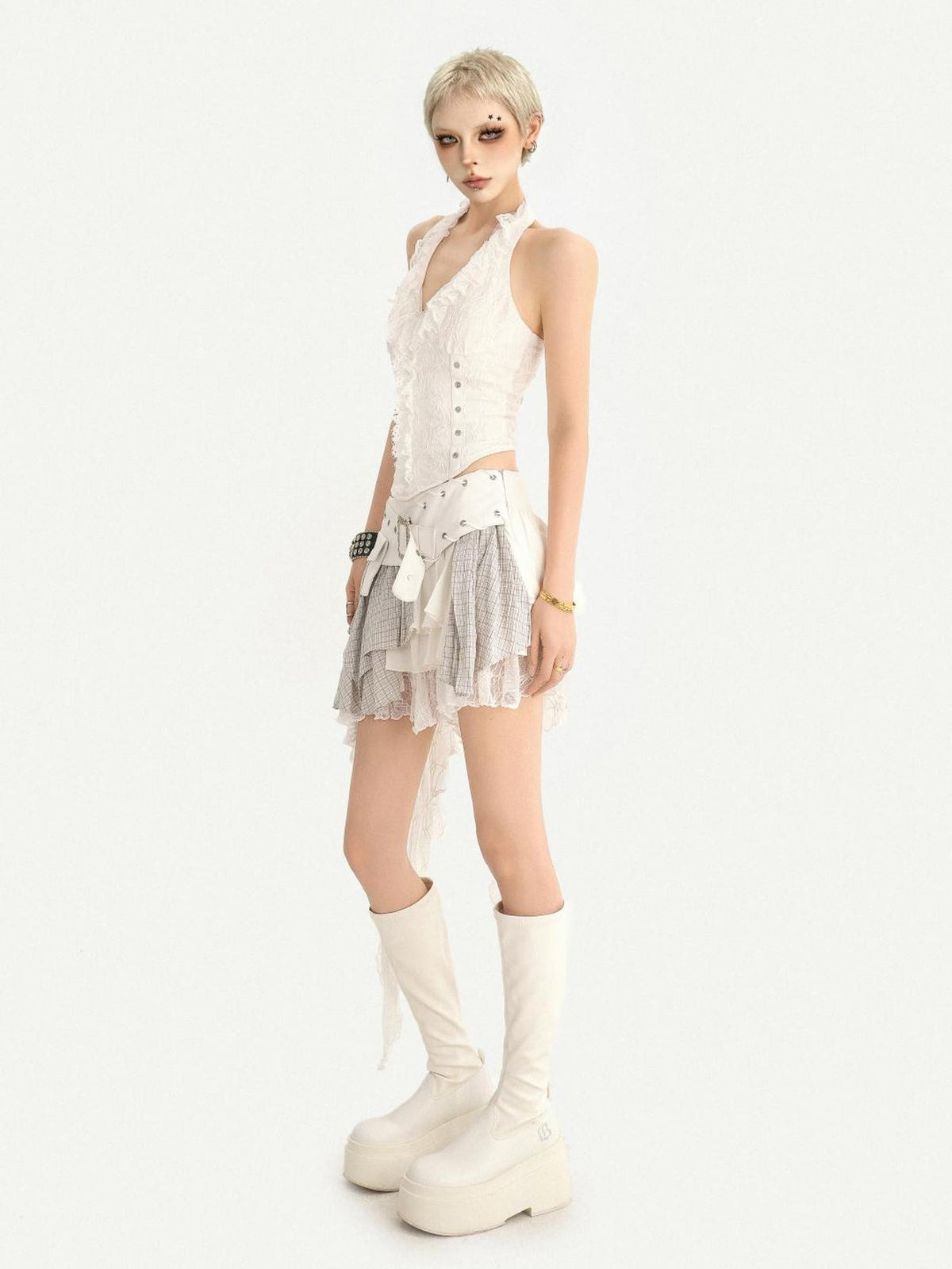 Nico Molly White Studded Lace Patchwork V-neck Cropped Zipper Women&