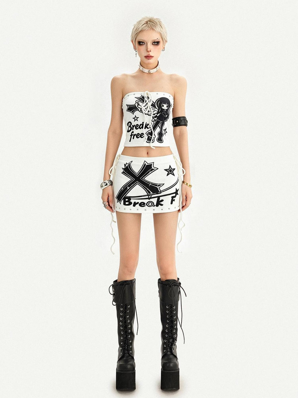 Nico Molly White Text Print Bandeau Subculture Short Slim Women&