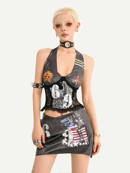 Nico Molly Y2k Letter Number Print V-neck Tie Front Cropped Women&