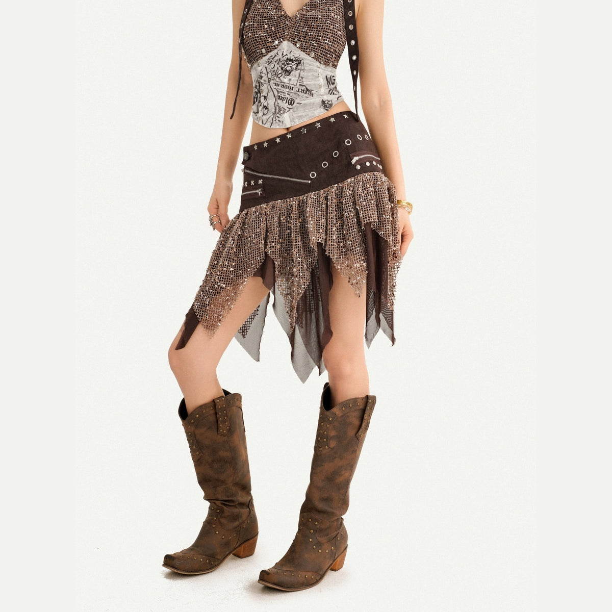 Nico_Molly_Y2k_Studded_Halter_Crop_Top_Fringe_Print_Asymmetric_Women&