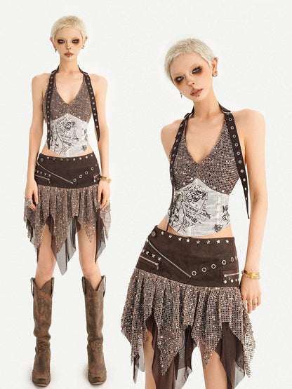 Nico Molly Y2k Studded Halter Crop Top Fringe Print Asymmetric Women&