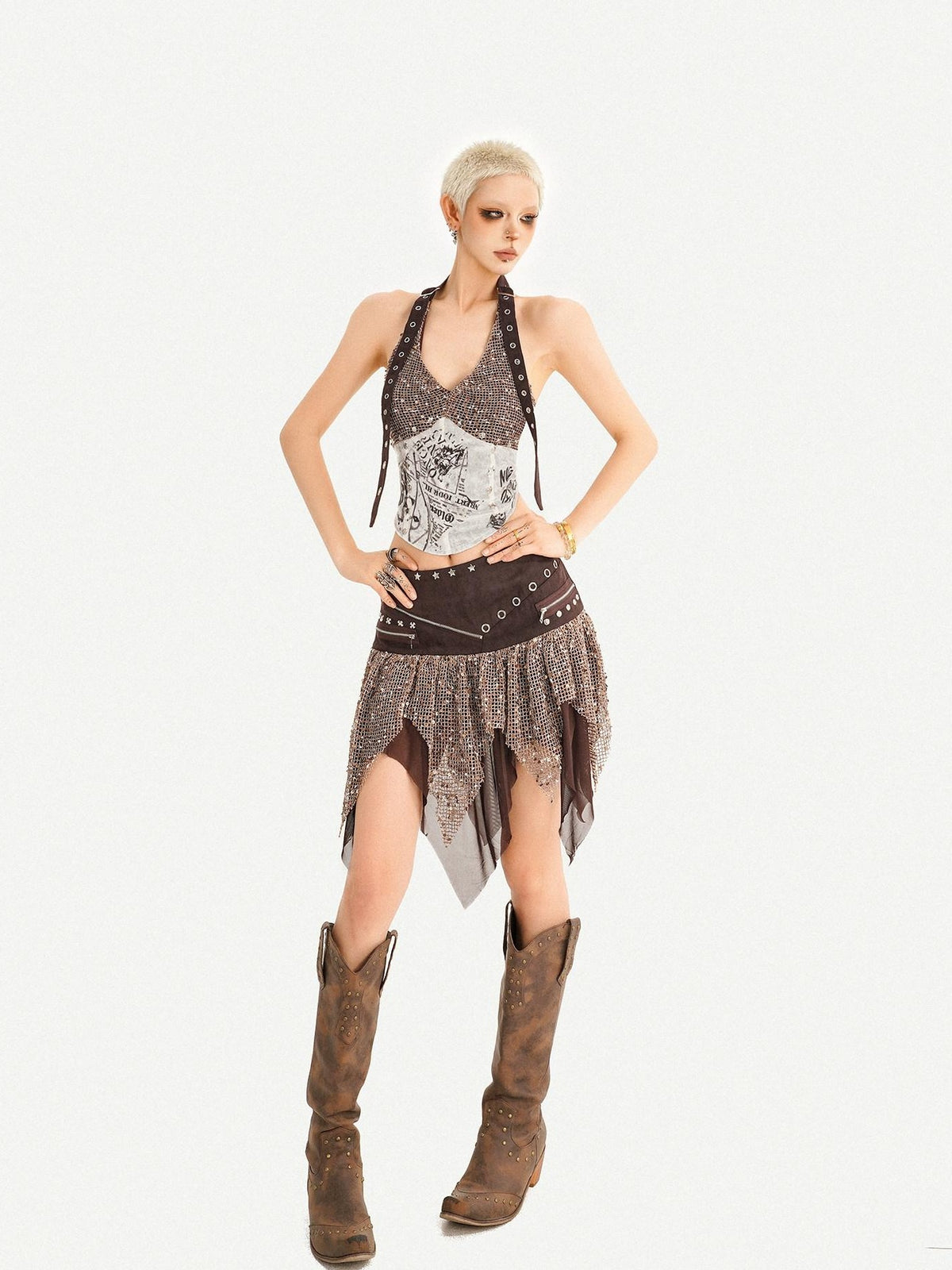Nico Molly Y2k Studded Halter Crop Top Fringe Print Asymmetric Women&