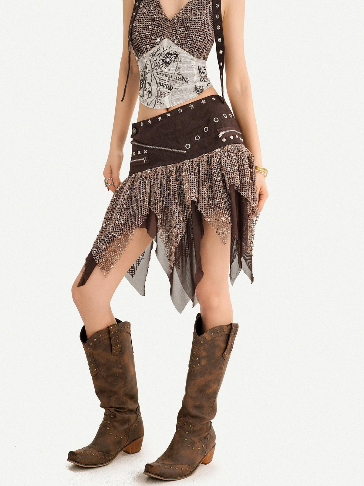 Nico Molly Y2k Studded Halter Crop Top Fringe Print Asymmetric Women&