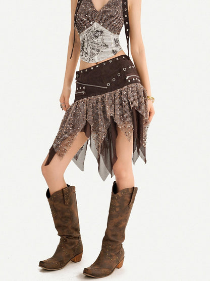 Nico Molly Y2k Studded Halter Crop Top Fringe Print Asymmetric Women&