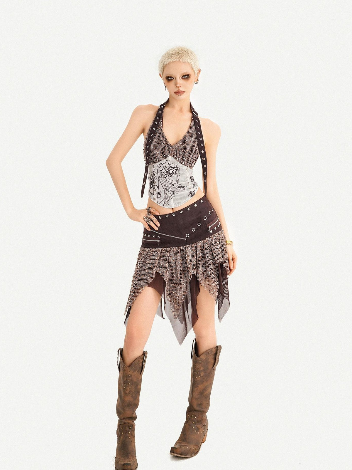 Nico Molly Y2k Studded Halter Crop Top Fringe Print Asymmetric Women&