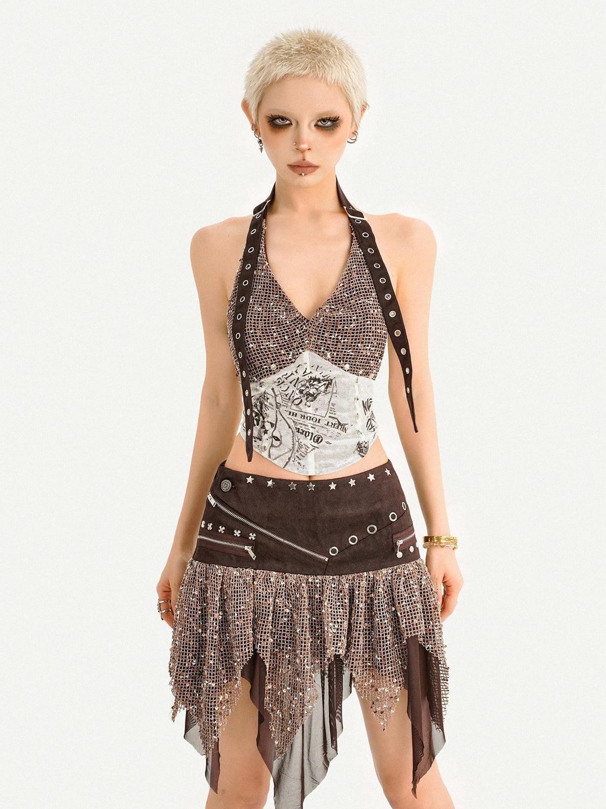 Nico Molly Y2k Studded Halter Crop Top Fringe Print Asymmetric Women&
