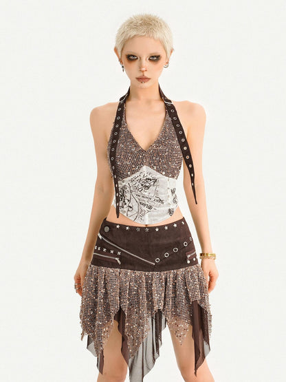 Nico Molly Y2k Studded Halter Crop Top Fringe Print Asymmetric Women&